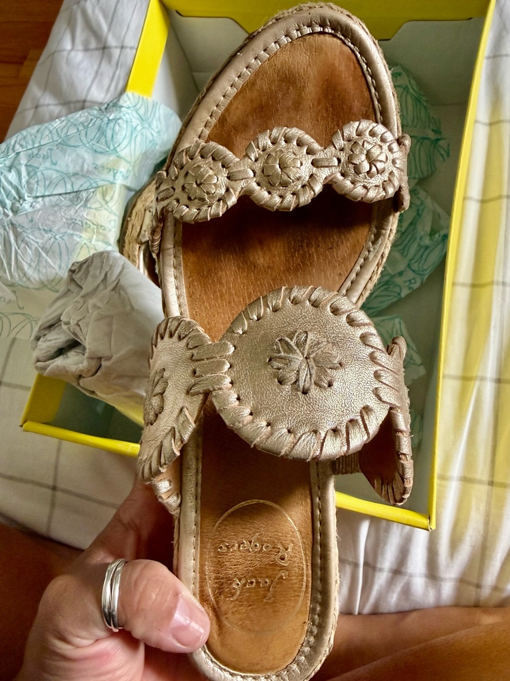 Jack Rogers Metallic Gold Leather Wedge Slide Sandals